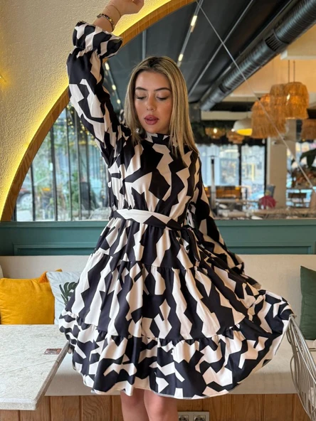 Kadın Uzun Kollu Yarı Balıkçı Yaka Geometrik Desen Kısa şardonlu Dalgıç Elbise - Resim 6