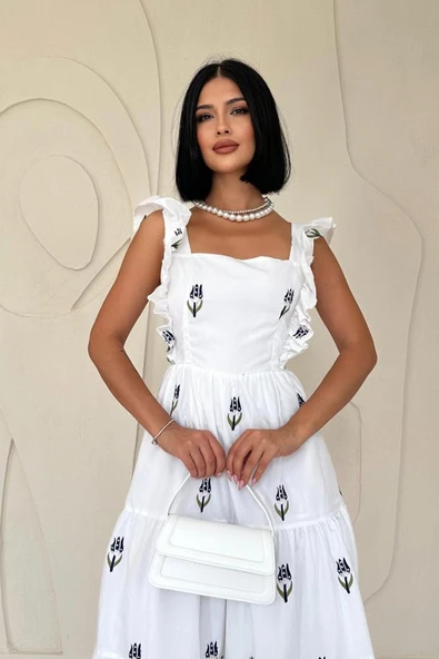 Lacivert Sıfır Kol Fırfırlı Elbise - Resim 2