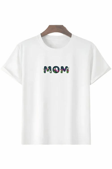 Anneler Gününe Özel Tasarım Mom Çiçek Baskılı T-shirt - Beyaz ürün görseli