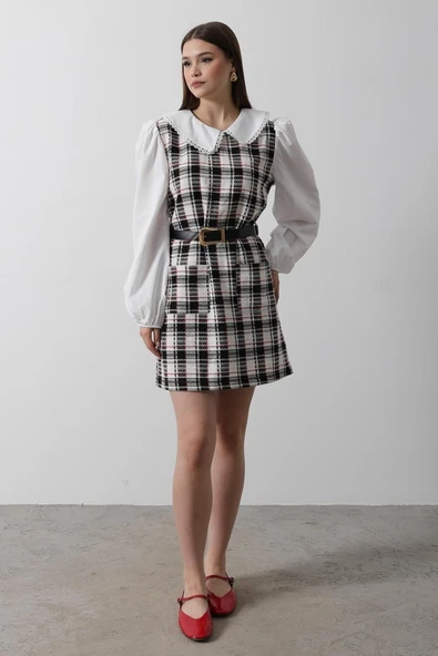 Ekoseli Gömlek Detaylı Elbise - Siyah - 3