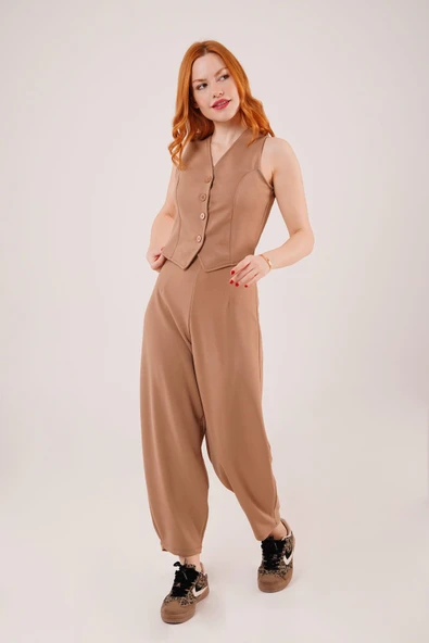 Önü Düğmeli Camel Yelek - Resim 2