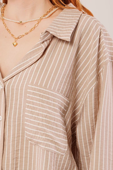 Çizgi Detaylı Cepli Camel Gömlek - Resim 3