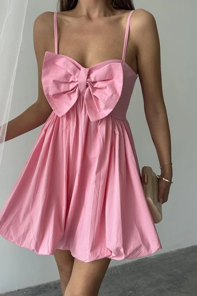 Pembe Önü Fiyonklu Askılı Elbise - Resim 4