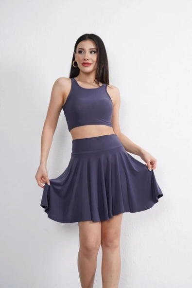 Sendy Kumaş Bisiklet Yaka Crop Şortlu Etek Ikili Takım - Antrasit - Resim 2