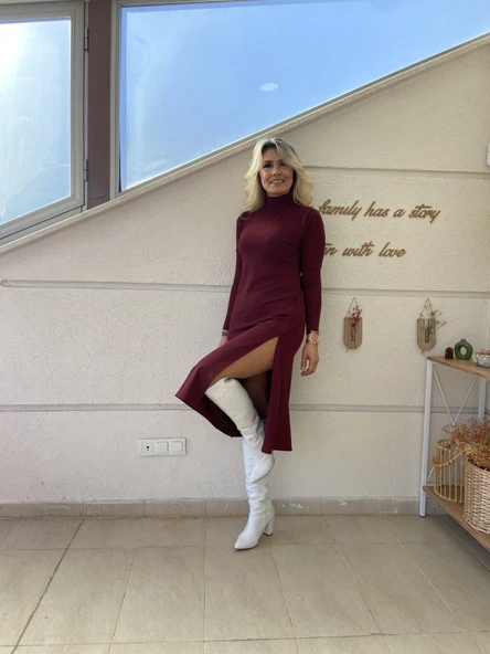 Kadın Uzun Kollu Balıkçı Yaka Derin Yırtmaç Detay Krep Elbise - Resim 2