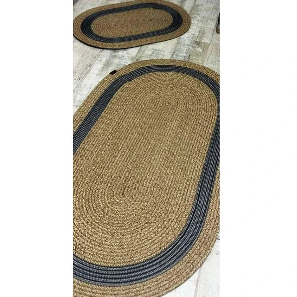 Jüt Hasır 2li Banyo Paspas Takımı-Bej Ortası Gri