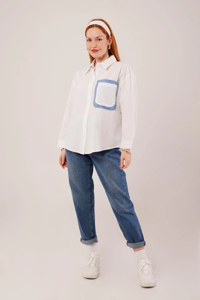 Çizgili Cep Detaylı Beyaz Gömlek - Resim 4