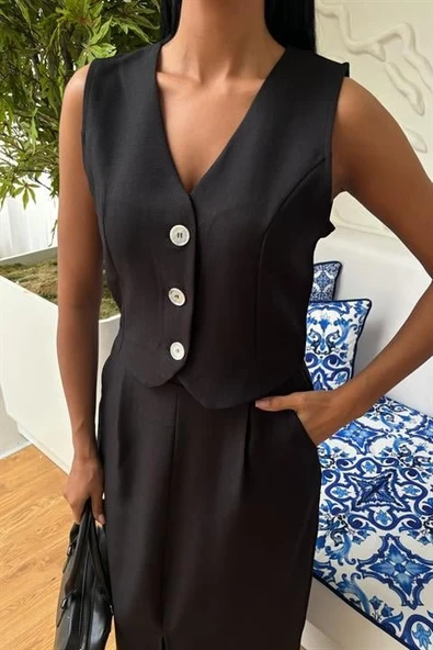 Etek Yırtmaçlı Yelekli Keten Takım 10131 - Resim 8