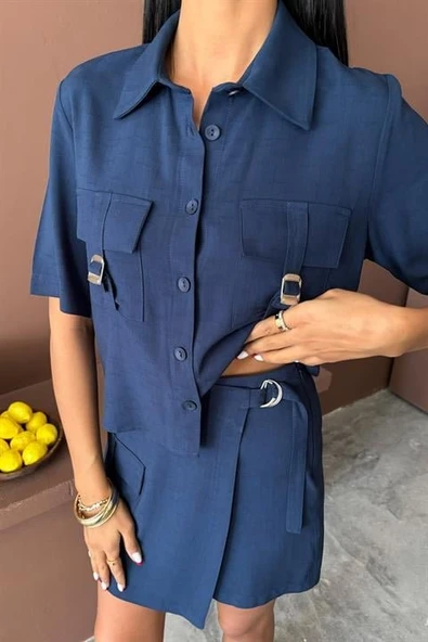 Gömlek Şort Etek Viscon Keten Takım 10162 - 2