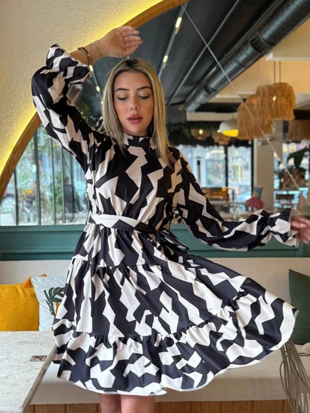 Kadın Uzun Kollu Yarı Balıkçı Yaka Geometrik Desen Kısa şardonlu Dalgıç Elbise - Resim 3