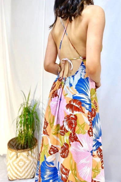 Mavi Sırt Dekolteli Keten Elbise - Resim 3