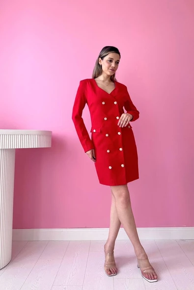 Kırmızı Gold Düğmeli Ceket Elbise - Resim 3