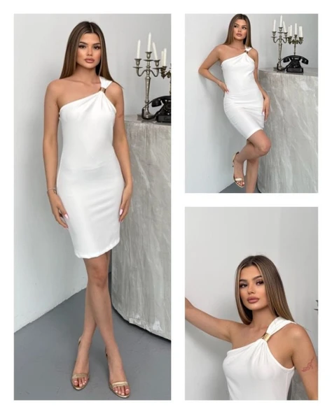 Kadın Ottoman Kumaş Tek Omuz Askılı Toka Detaylı Mini Boy Elbise ürün görseli