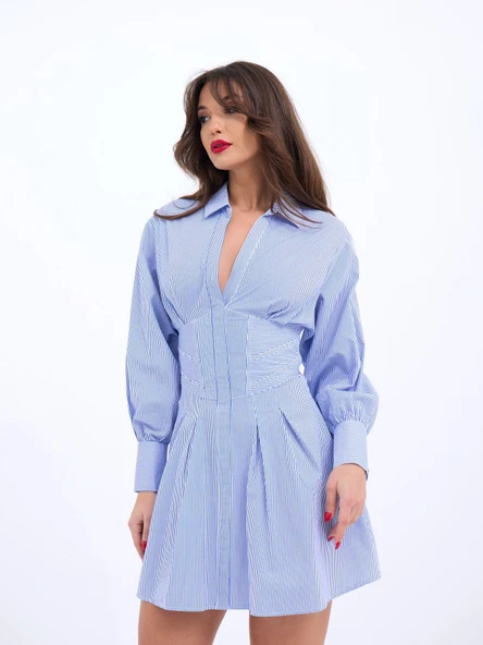 6558 ELBİSE-MAVİ BEYAZ ÇİZGİLİ - Resim 5