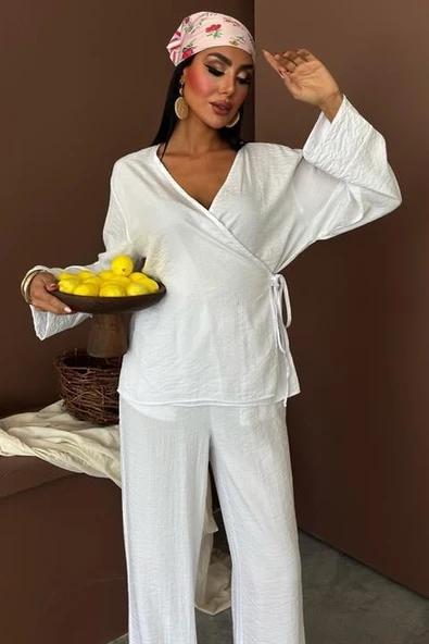 Kruvaze Model Klasik Pantolonlu Çupra Keten Takım 10191 - Resim 3