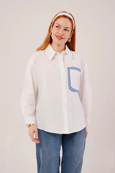 Çizgili Cep Detaylı Beyaz Gömlek - Resim 2