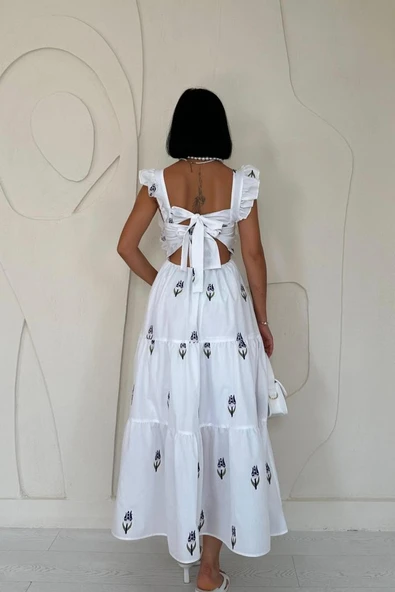 Lacivert Sıfır Kol Fırfırlı Elbise - Resim 4