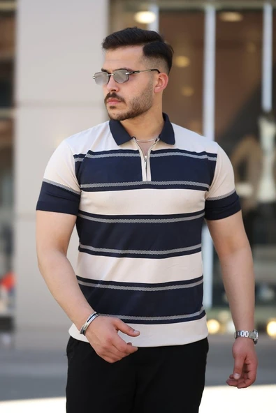 Erkek Yakalı Fermuarlı çift Renk Kısa Kollu T-shirt ürün görseli