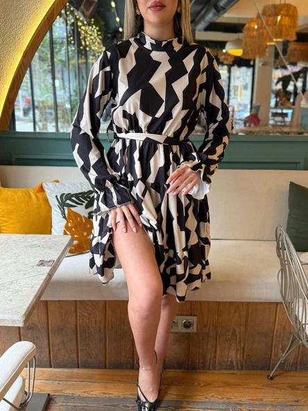 Kadın Uzun Kollu Yarı Balıkçı Yaka Geometrik Desen Kısa şardonlu Dalgıç Elbise - Resim 4