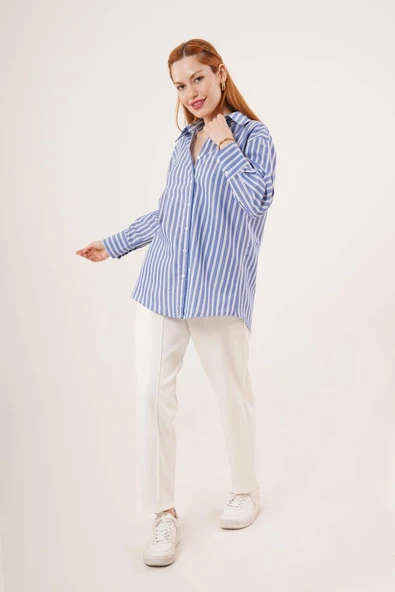 Çift Çizgi Geçişli Düğmeli Mavi Gömlek - Resim 4