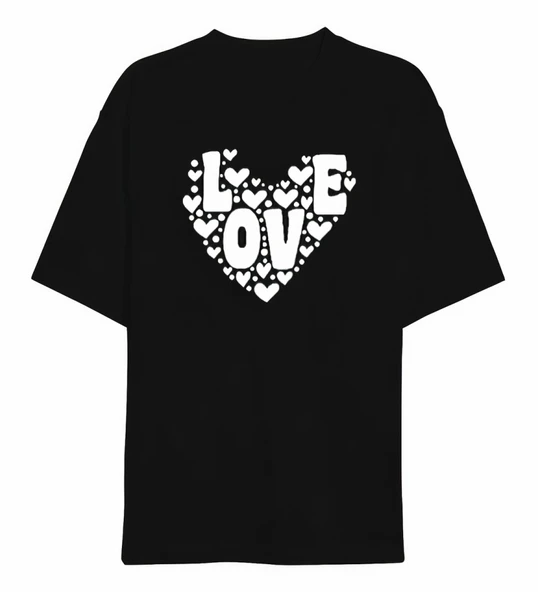 Sevgililer Günü İçin Özel Tasarım Love Kalp Baskılı T-shirt - Siyah ürün görseli