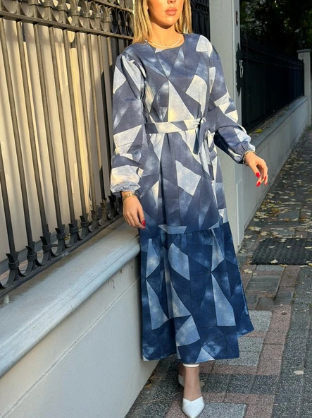 Kadın Uzun Kollu Bisiklet Yaka Geometrik Desen Baskılı Kuşak Dahil Maxi Boy Elbise - Resim 4