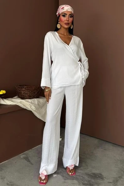 Kruvaze Model Klasik Pantolonlu Çupra Keten Takım 10191 - Resim 2
