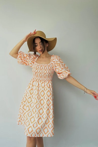 Oranj Kare Desenli Yazlık Elbise - Resim 2