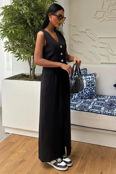 Etek Yırtmaçlı Yelekli Keten Takım 10131 - Resim 6