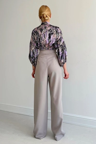 Beli Lastikli Saten Gömlek - Lila - Resim 3