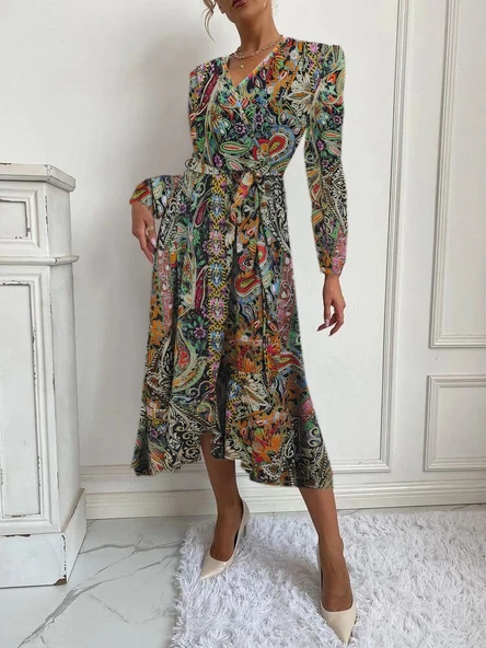 Kadın Uzun Kollu Kruvaze Yakalı Belden Kuşaklı Leopar - Resim 2