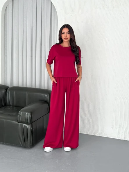 Osy Modal Yumuşak Dokulu Kumaş Bisiklet Yaka T-shirt Bol Paça Pantalon Ikili Takım -Bordo - Resim 4