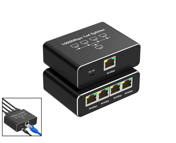 Daytona ZR889 1000Mbps İnternet Hızı, Cat 8, Cat 7, Cat 6 Için Type C Güç Kablosu ile RJ45 Network Splitter Bilgisayarlar, TV'ler, Yönlendiriciler Için Adaptör 1to4 - 1