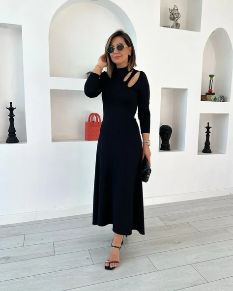 Kadın Uzun Kollu Balıkçı Yaka Omuzda Damla Detaylı Yırtmaçlı Krep Midi Elbise - Resim 6