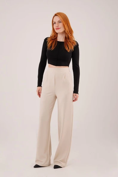 Yüksek Bel Bol Paça Krep Krem Pantolon ürün görseli