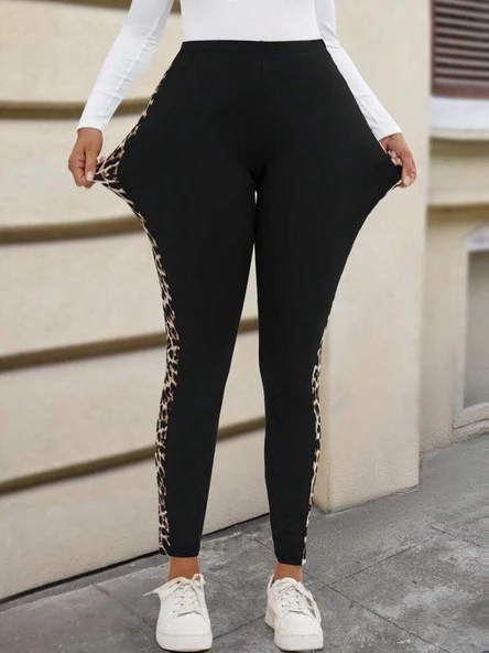 Kadın Yüksek Bel Yanları Leopar şerit Detay Dalgıç Tayt - Resim 12