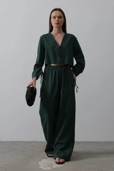 Önü Bağlamalı Crop Takım - Yeşil - Resim 2