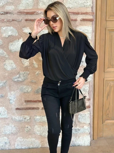 Kadın Uzun Kollu Dökümlü Kruvaze Yaka Kol Ucu Gipeli Sandy Bluz - Resim 6