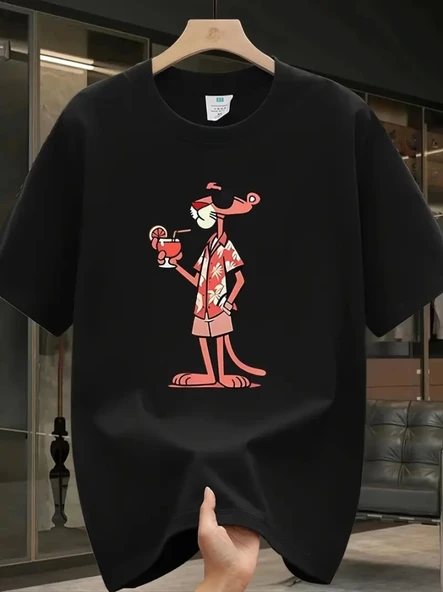 Baskılı Oversize Bisiklet Yaka T-shirt - Siyah ürün görseli