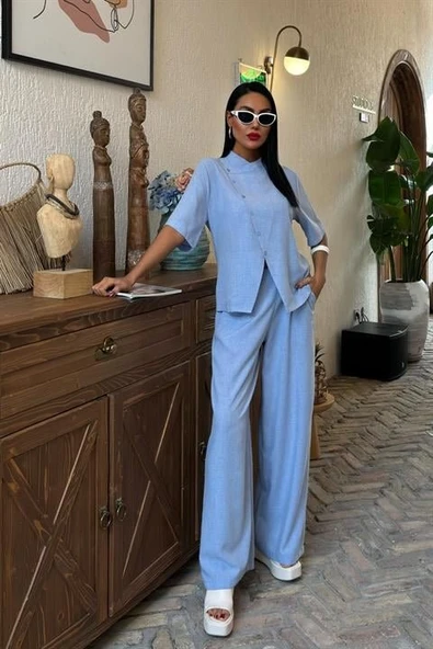 Hakim Yaka Çapraz Düğmeli Plazzo Pantolon Viscon Keten Takım 10091 - Resim 2