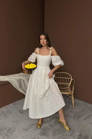 Bej Omuzu Bağcıklı Balon Kollu Brode Elbise - Resim 2