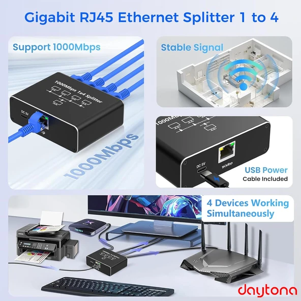 Daytona ZR889 1000Mbps İnternet Hızı, Cat 8, Cat 7, Cat 6 Için Type C Güç Kablosu ile RJ45 Network Splitter Bilgisayarlar, TV'ler, Yönlendiriciler Için Adaptör 1to4 - 4
