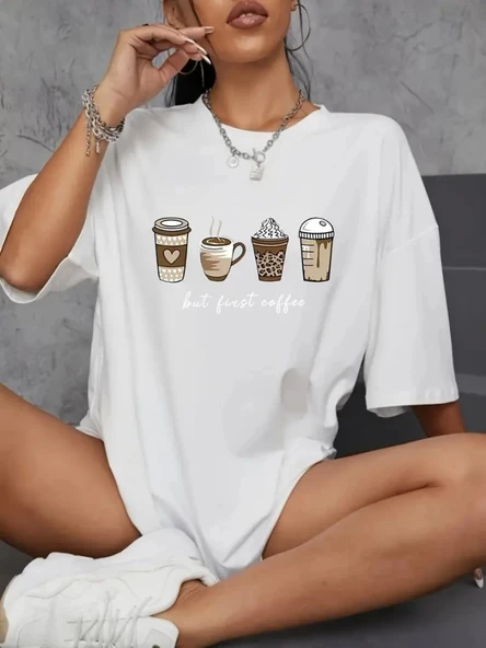 Baskılı Oversize Bisiklet Yaka T-shirt - Beyaz ürün görseli