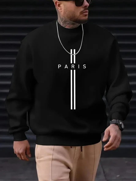 Erkek Uzun Kollu Bisiklet Yaka Yazı Detaylı Iki Iplik Bluz ürün görseli