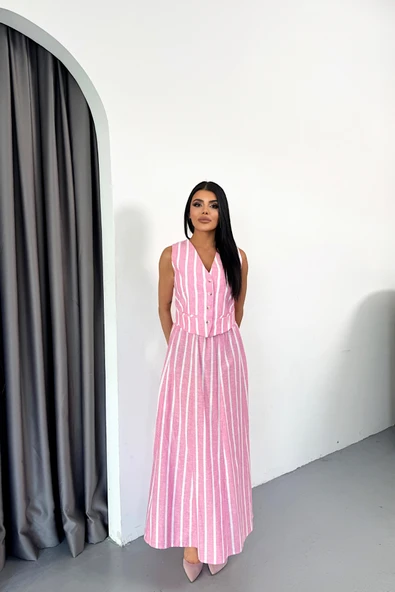 KETEN ÇİZGİLİ YELEK - UZUN ETEK TAKIM - Pembe - Resim 2