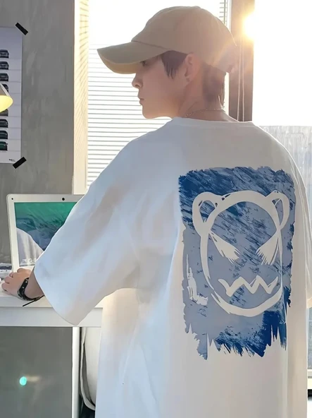 Baskılı Oversize Bisiklet Yaka T-shirt - Beyaz - Resim 2