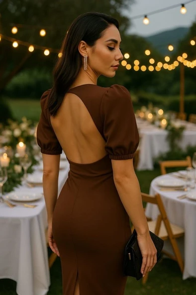 Kadın V Yaka Önü Düğmeli Sırt Pencere Dekolte Elbise - Resim 2