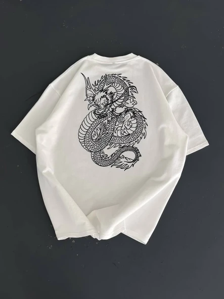 Baskılı Oversize Bisiklet Yaka T-shirt - Beyaz - Resim 3