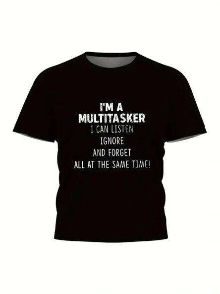 Baskılı Oversize Bisiklet Yaka T-shirt - Siyah - Resim 3