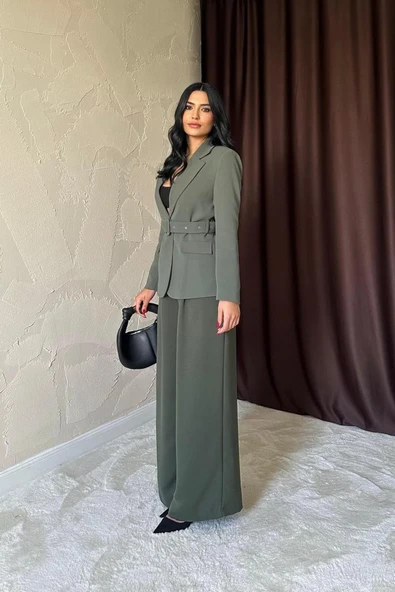 Haki Cep Kapaklı Ve Kemerli Ceket - Resim 3